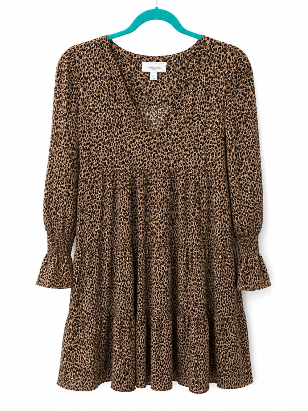 Pomander Place Leopard Print Dress Medium Tiered Babydoll Long Sleeve Boho